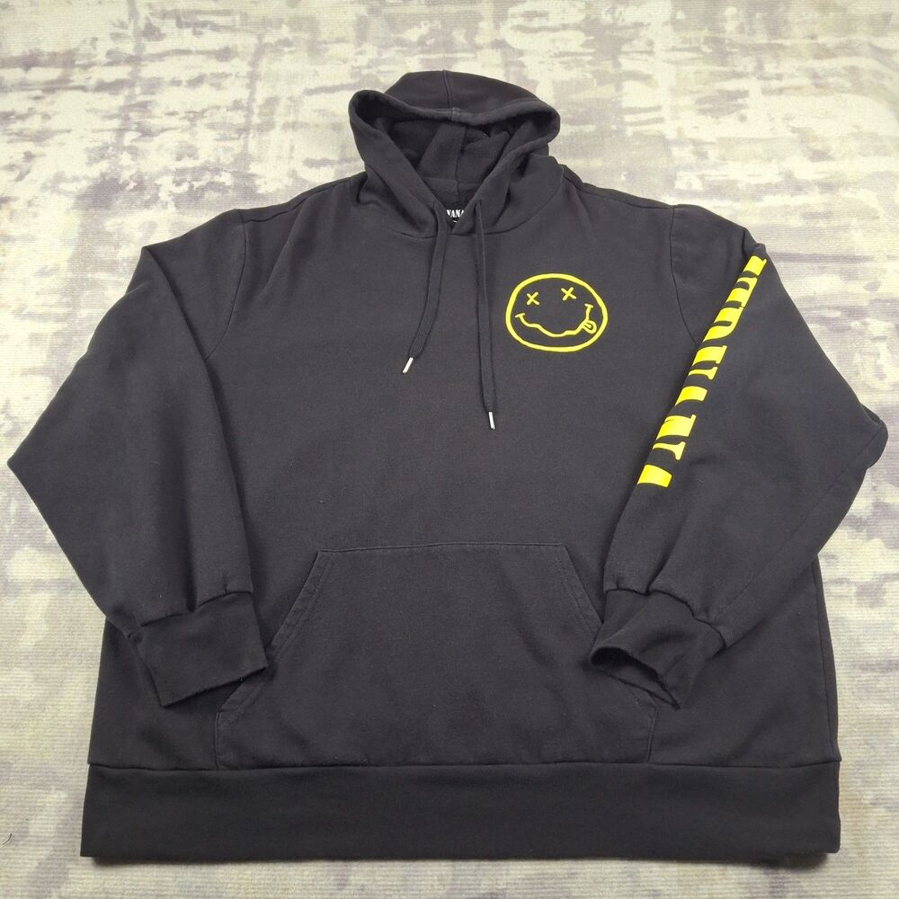 Nirvana Smiley Logo Hoodie Black Mens 2XL XXL Graphic Rock Band Sweatshirt